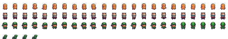 characters.png — 23×4 grid of 32×32 frames, one character per row